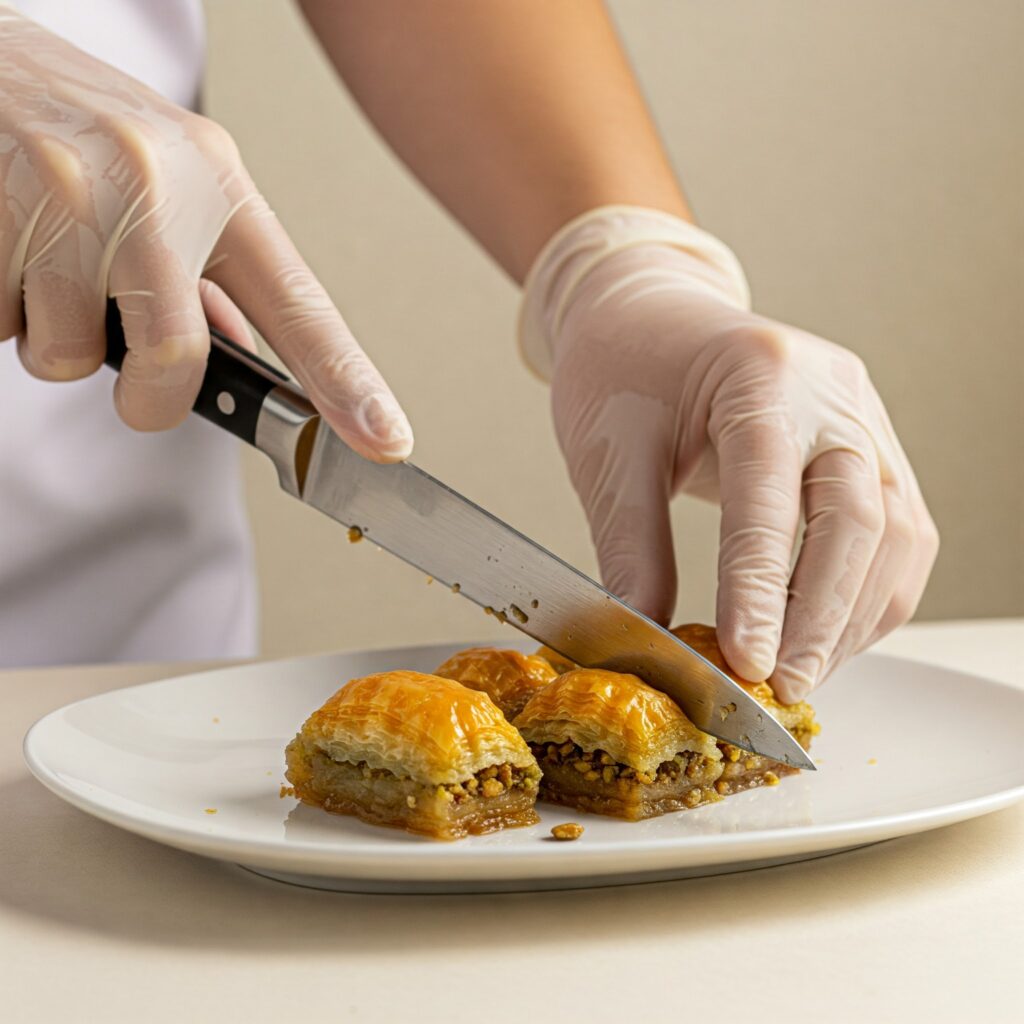 Beyaz eldivenli iki el, keskin bir bıçak yardımıyla beyaz bir tabakta duran, parlak ve şerbetli ev yapımı baklavaları kesiyor. Baklavaların katları ve içindeki Antep fıstığı belirgin şekilde görülüyor. Bu görüntü, Ceviz Ev Yapımı'nın hem geleneksel lezzete hem de hijyen standartlarına verdiği önemi vurguluyor.