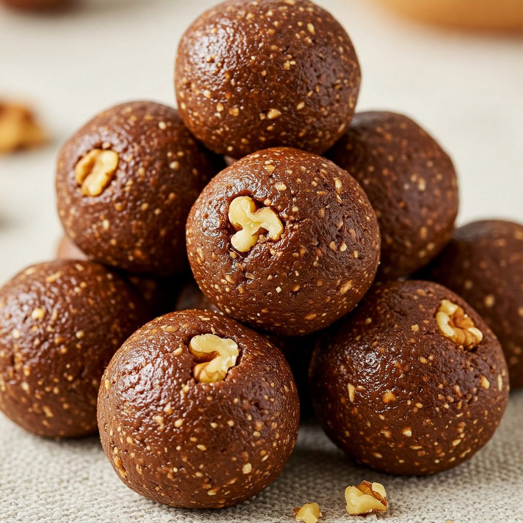 Close-up of walnut energy balls. Chopped walnut pieces are visible inside.