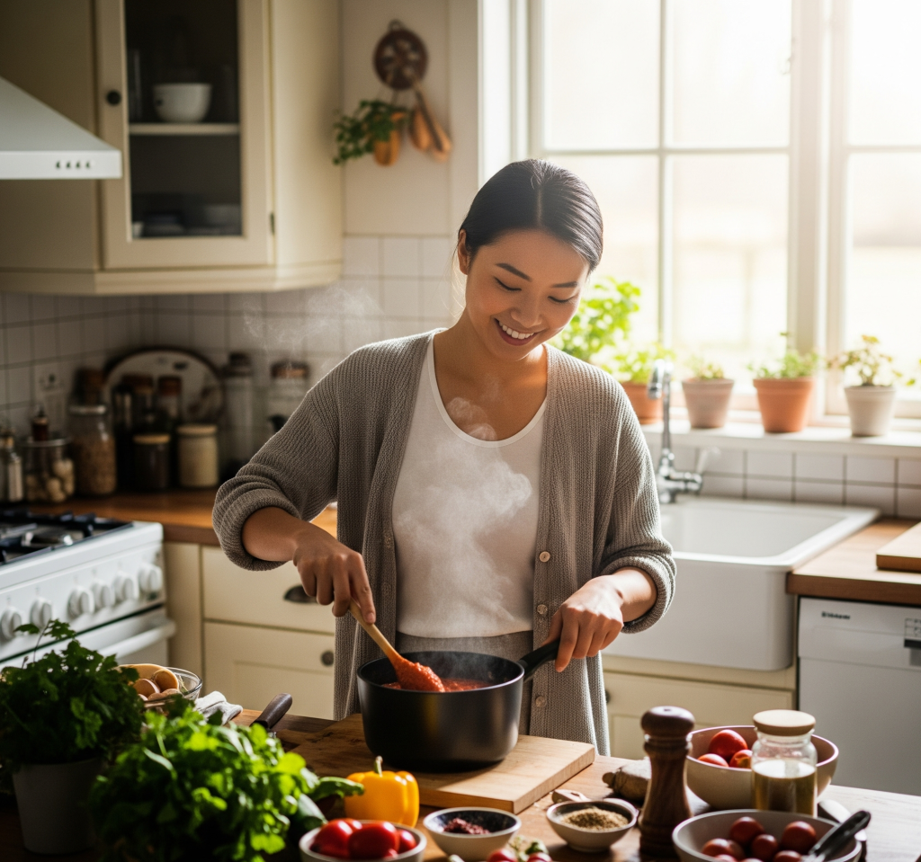A woman enjoying cooking in a bright, sunlit kitchen.