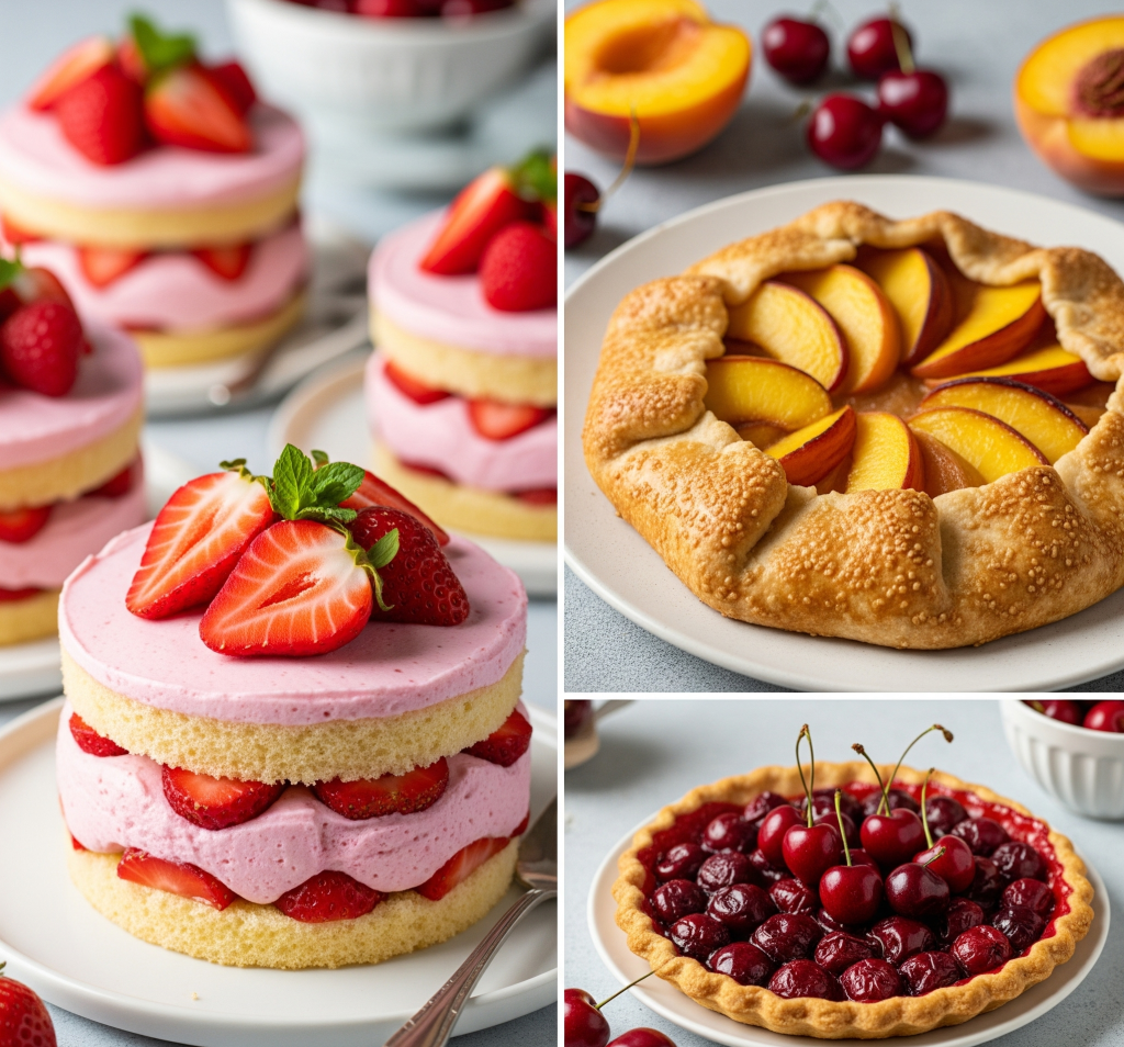 A collage of various summer fruit desserts, including strawberry trifles, a peach galette, and a cherry tart.