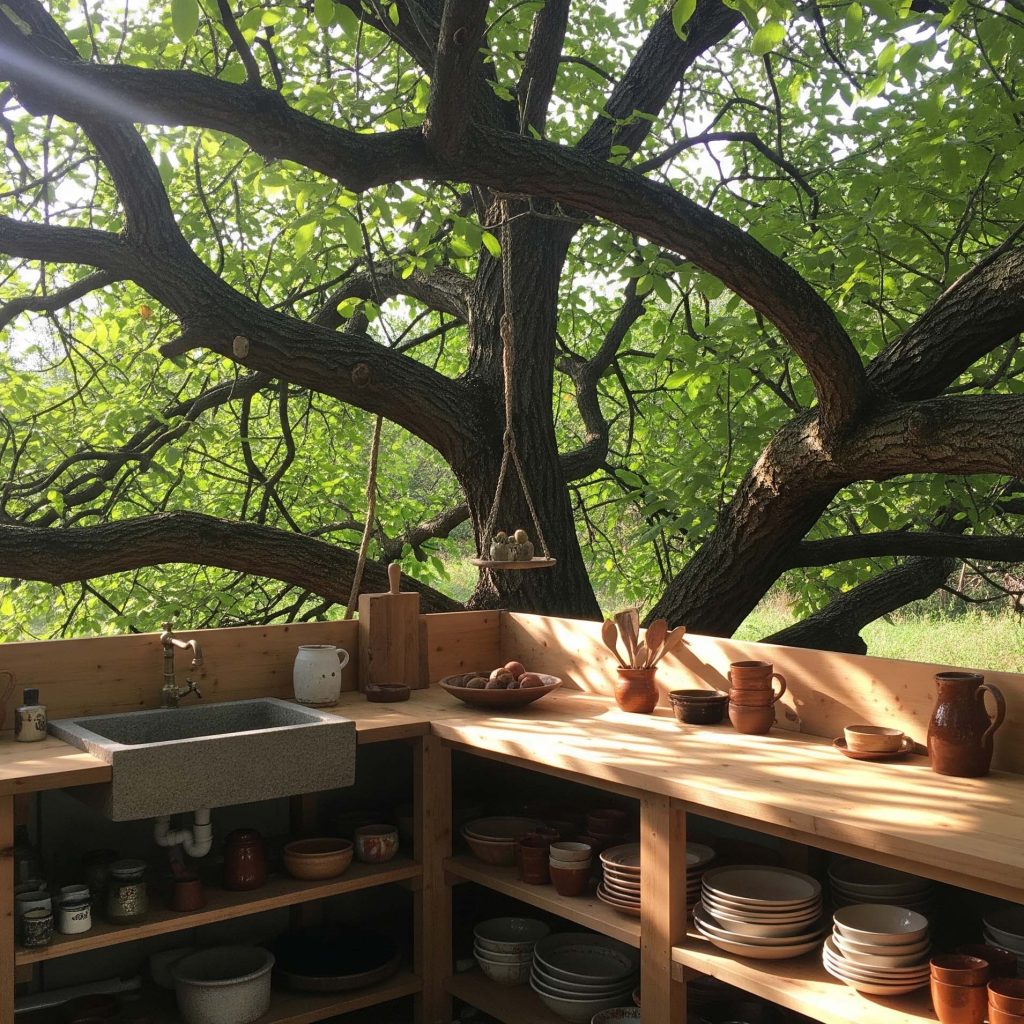 A rustic outdoor kitchen with wooden countertops, set up under the branches of a walnut tree.
