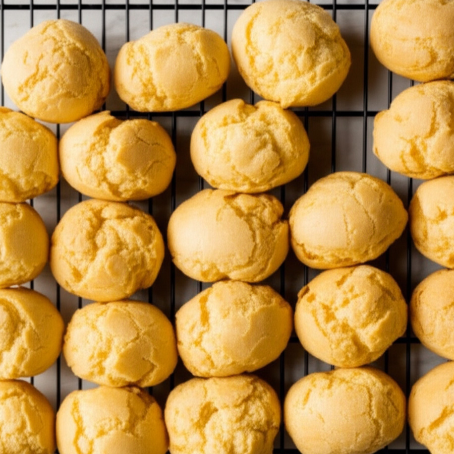 Golden yellow profiterole dough arranged on a baking sheet, ready to be baked.
