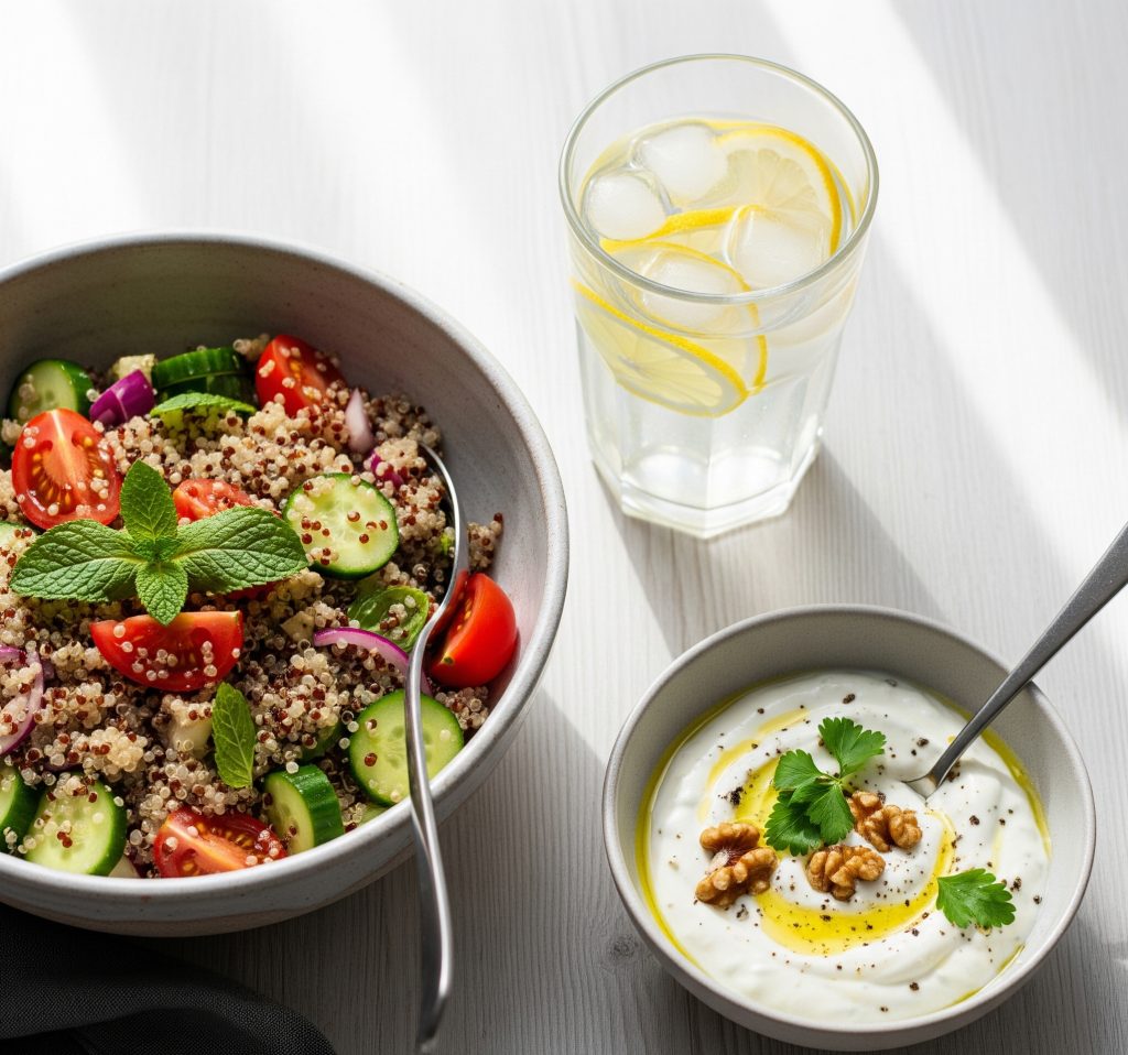 A healthy summer meal with quinoa salad, yogurt-based meze, and lemon water.
