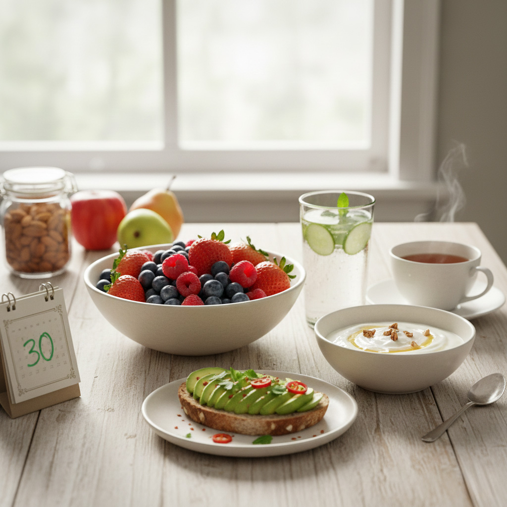 A healthy eating motivation image featuring a 30-day program calendar, avocado toast, fruit, tea, yogurt, and walnuts.