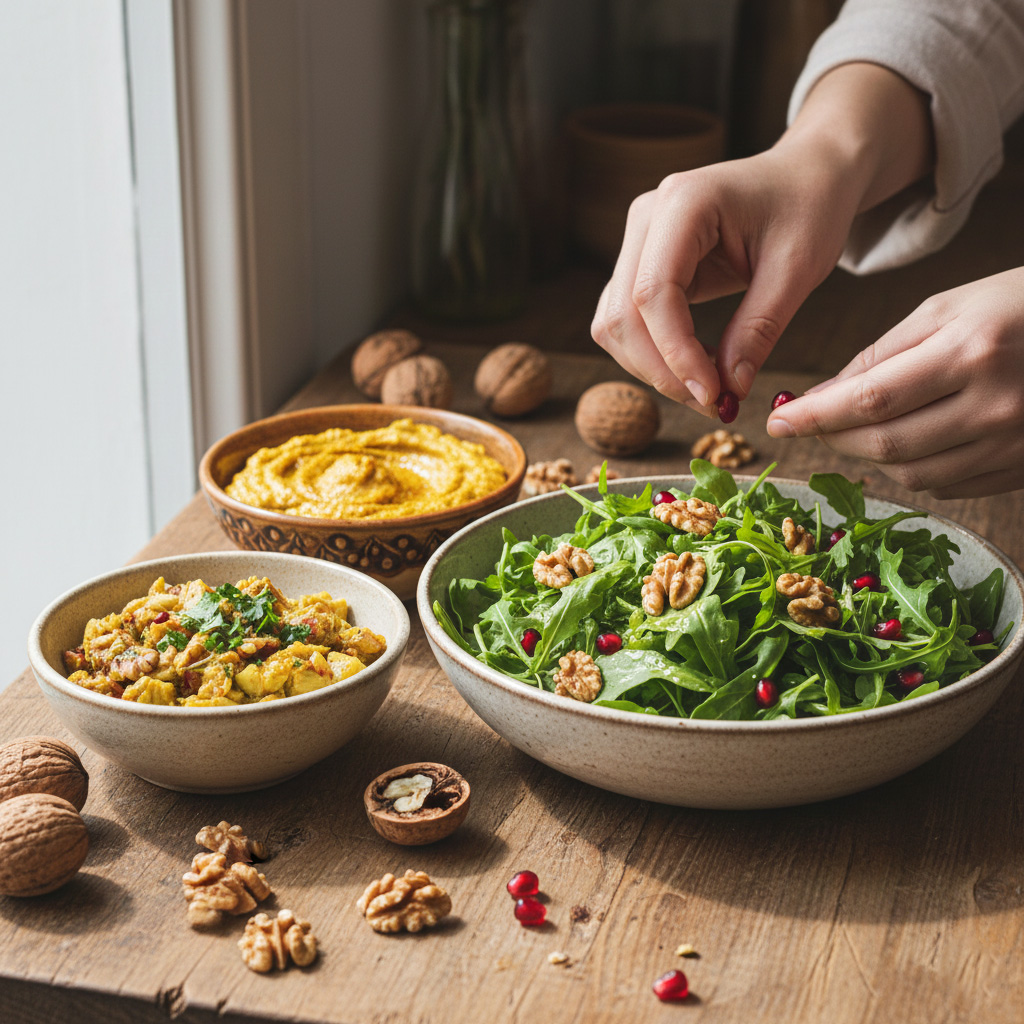 A person's hands are seen adding pomegranate seeds to a walnut arugula salad on a wooden kitchen counter. Healthy walnut-based products like turmeric walnut spread and artichoke walnut meze are nearby.