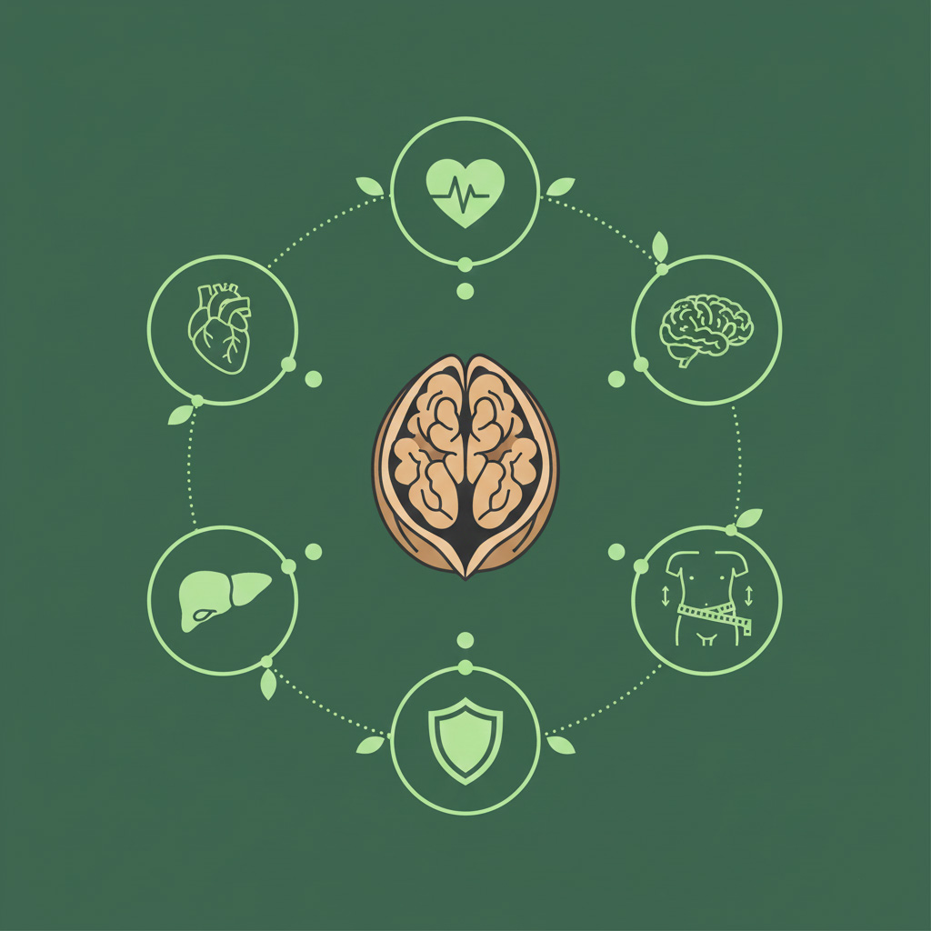 An infographic on a green background, arranged around a central walnut image with icons representing the heart, brain, liver, immune shield, and weight control.