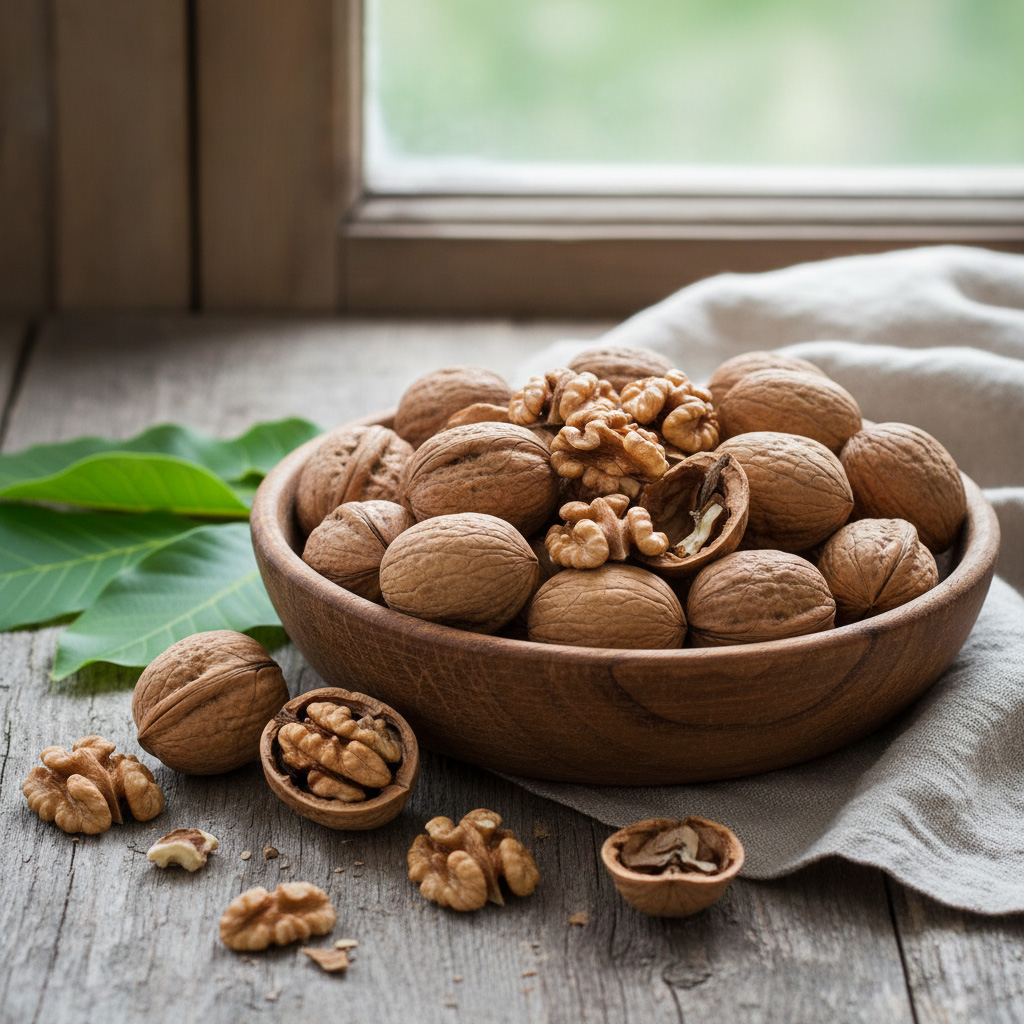 Whole and shelled walnuts in a natural wooden bowl, with fresh walnut leaves and a linen cloth on the table. Sunlight highlights the texture of the walnuts.