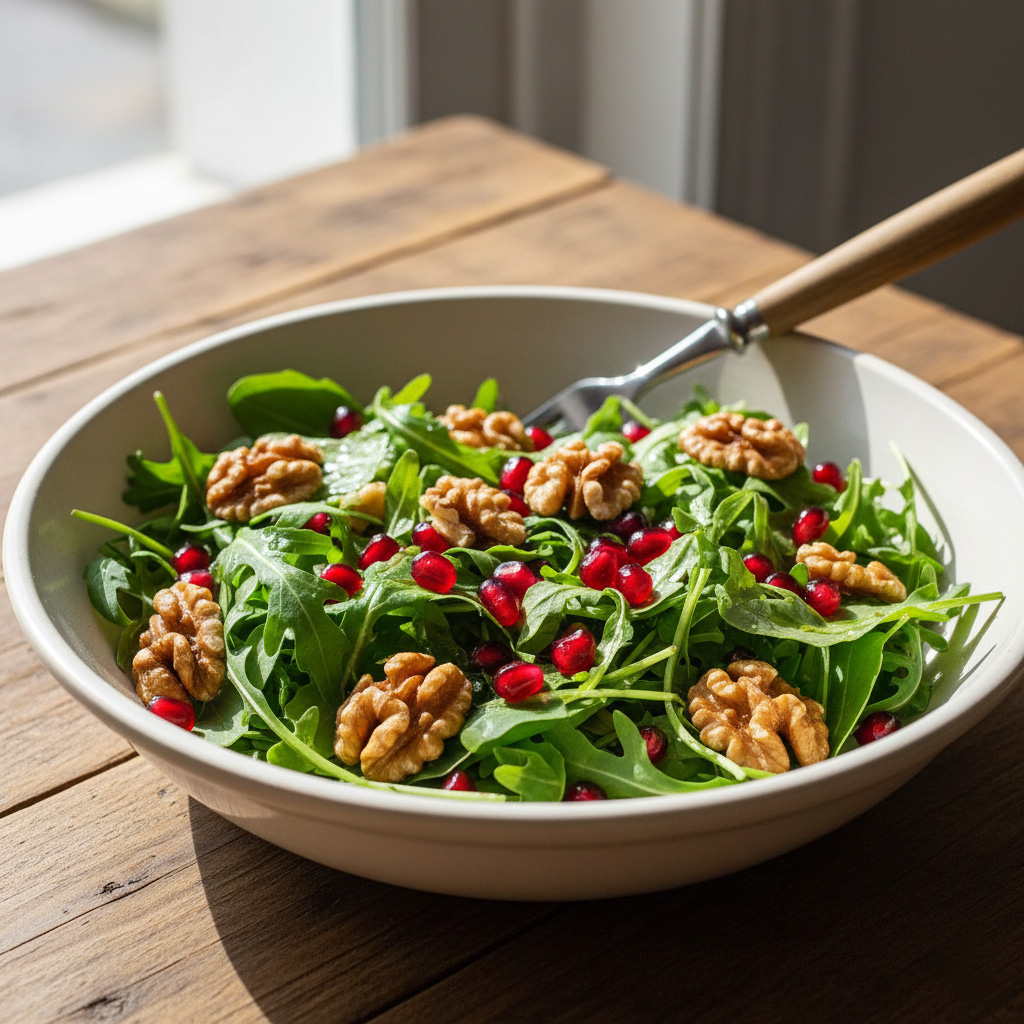 A healthy walnut arugula salad prepared with fresh arugula leaves, walnut pieces, and pomegranate seeds in a ceramic bowl. A fork rests in the bowl.