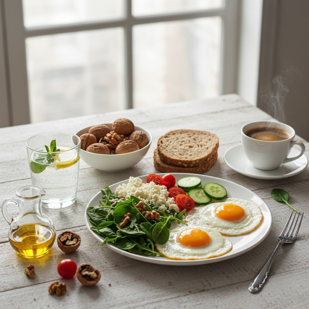 Breakfast according to the healthy nutrition list rule, containing walnuts, whole-wheat bread, tomato, cucumber, and two eggs.