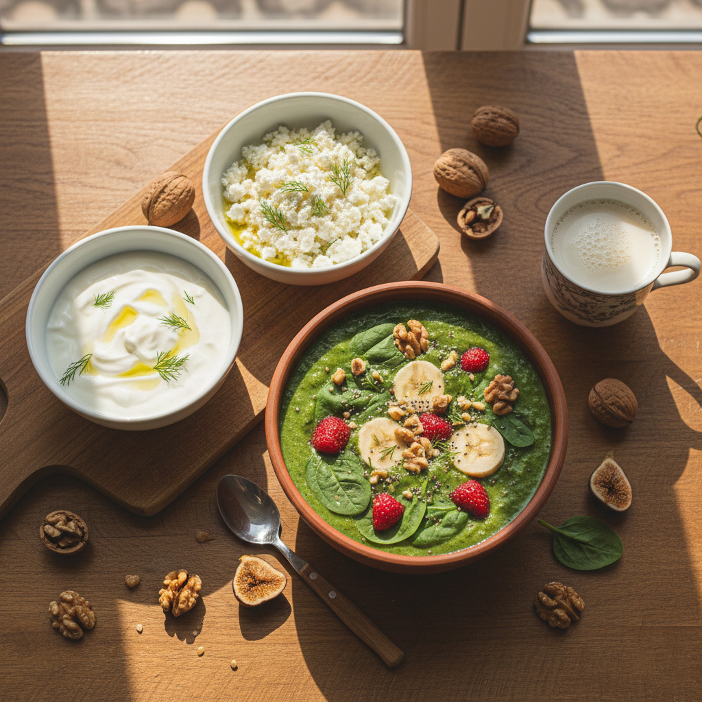 Lor peyniri, yoğurt ve ceviz, muz, çilek içeren yeşil smoothie'nin bir arada olduğu sağlıklı gıda kompozisyonu.