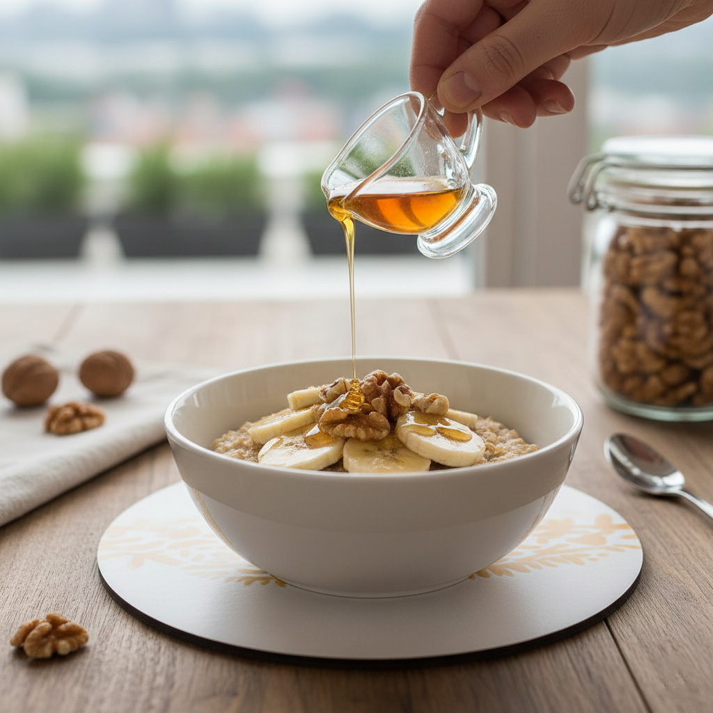 A hand is visible drizzling honey over oatmeal prepared in a bowl, topped with banana slices and walnuts. In the background, there is a jar full of walnuts and a placemat.