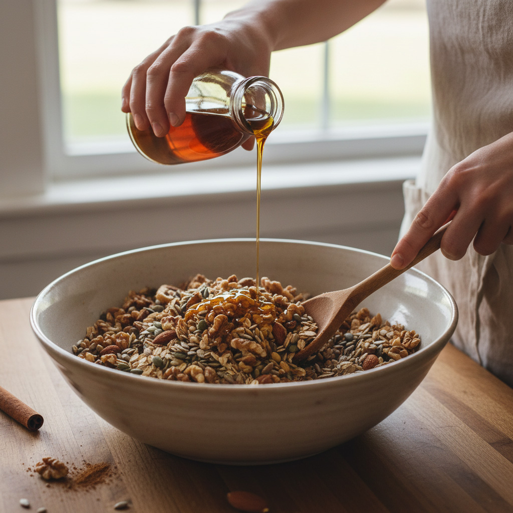 Maple syrup being poured over oats, walnuts, and nuts in a large bowl and mixed.
