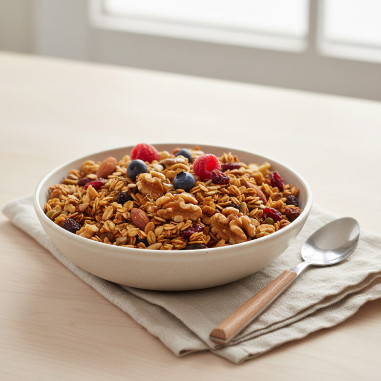 Close-up view of large walnut pieces, rolled oats, and seeds; natural and additive-free texture.
