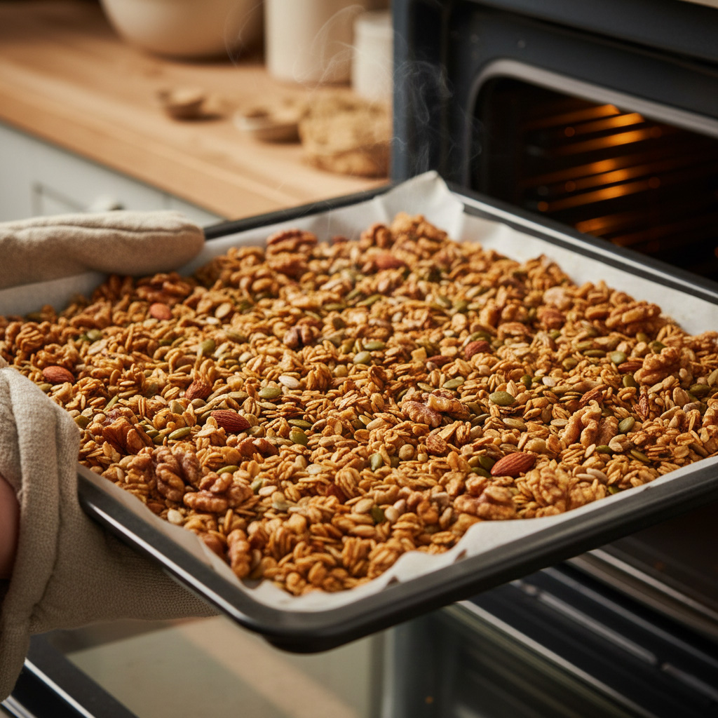 Freshly baked, golden, and crispy homemade granola spread on parchment paper on a baking sheet.
