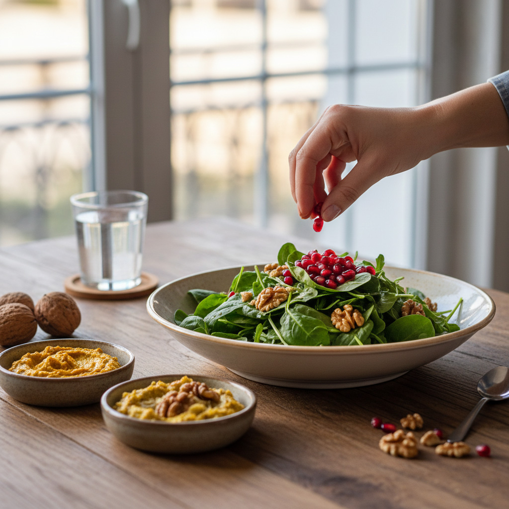 A close-up of a woman's hand adding pomegranate seeds to a arugula and walnut salad on a wooden table. Healthy Ceviz Ev Yapımı products, such as turmeric walnut paste, and a glass of water are nearby.