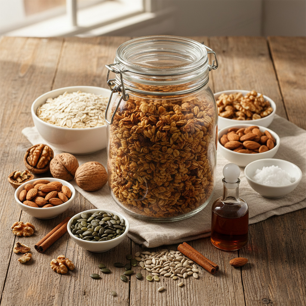 Homemade granola filled in a glass jar showing walnuts and dried fruits; sitting on a kitchen counter.