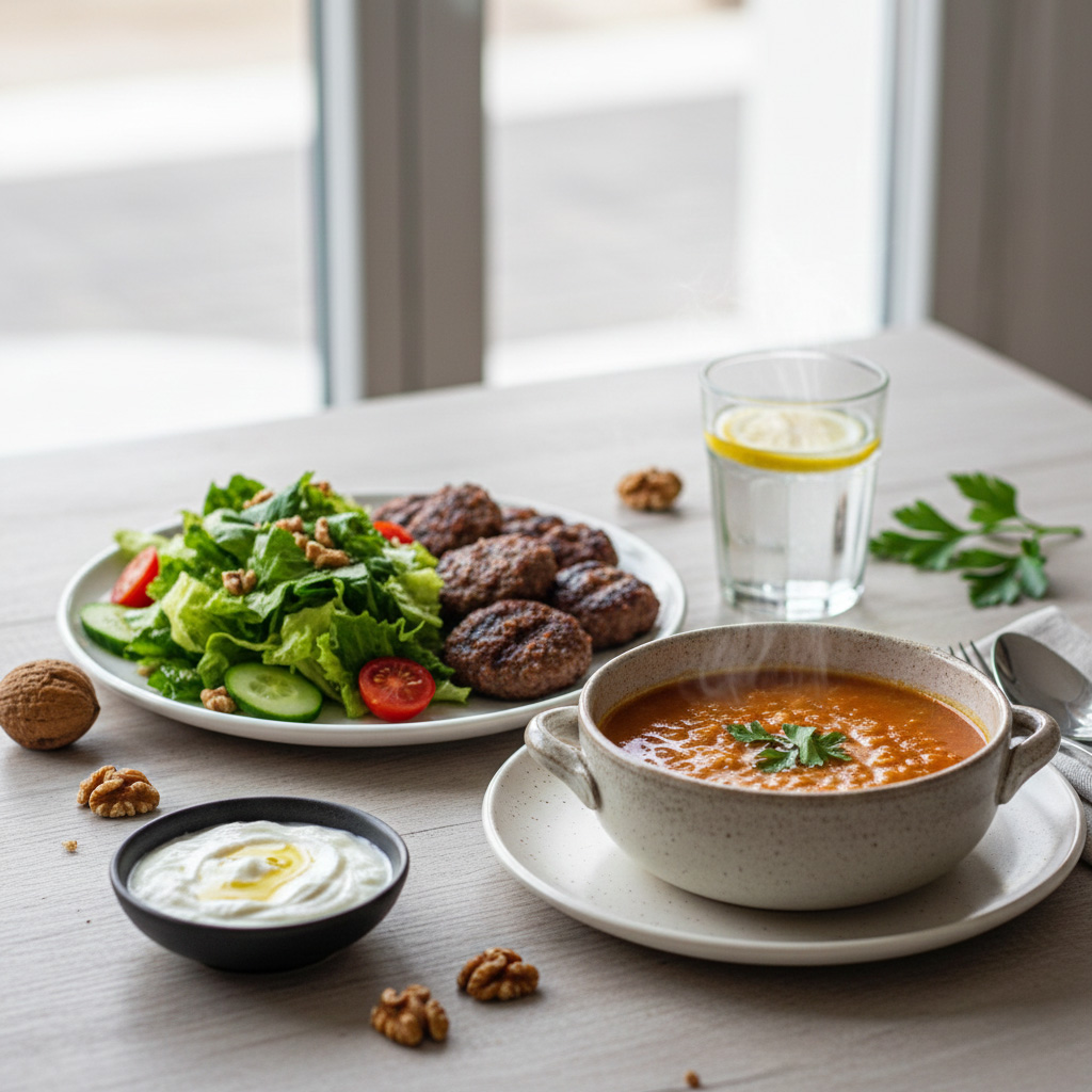 Lentil soup, grilled meatballs, and plenty of greens, a healthy lunch suitable for Turkish cuisine.