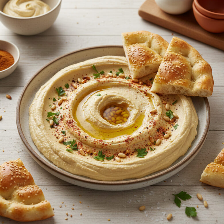 A plate of hummus, seasoned with olive oil, whole chickpeas, and spices, served on a dark brown dish. Warm pita breads in a basket and fresh parsley are visible in the background.