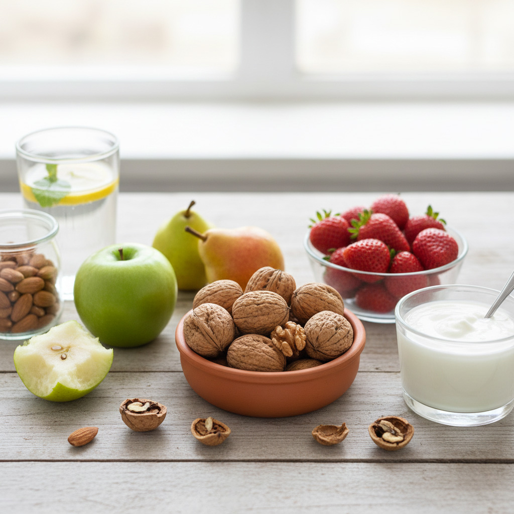 Healthy nutrition list snack options including walnuts, apple, pear, almonds, and yogurt, which help with weight loss.