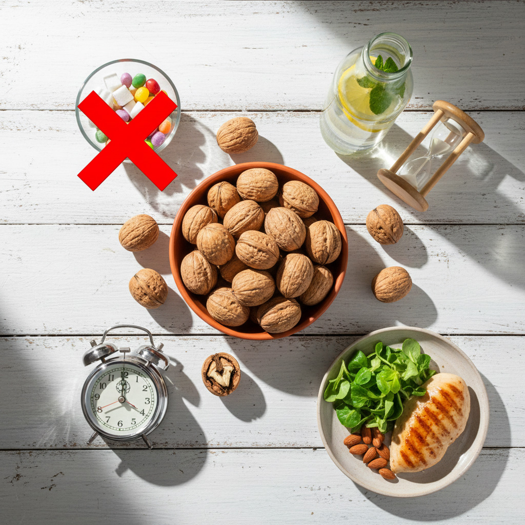 A summary of the 5 golden rules, showing a cross on sugar, along with walnuts, grilled chicken, a clock, and plenty of water.