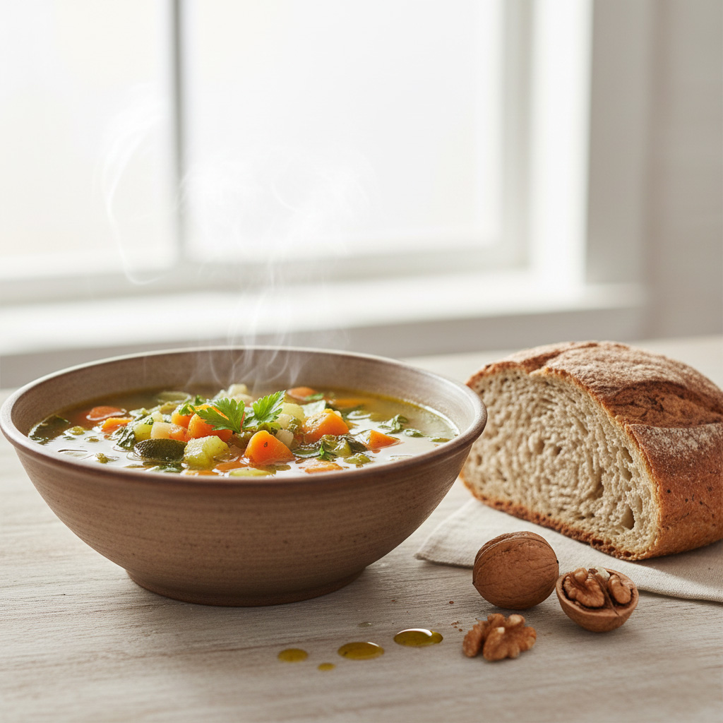 Vegetable soup containing carrots, zucchini, and greens, with a slice of whole-wheat bread for Sunday detox dinner.