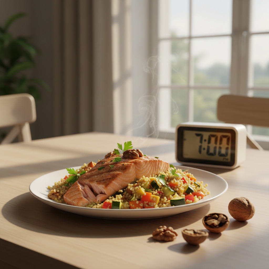 Grilled salmon, vegetable bulgur pilaf, and walnuts, a dinner meal that should be consumed before 7:00 PM.