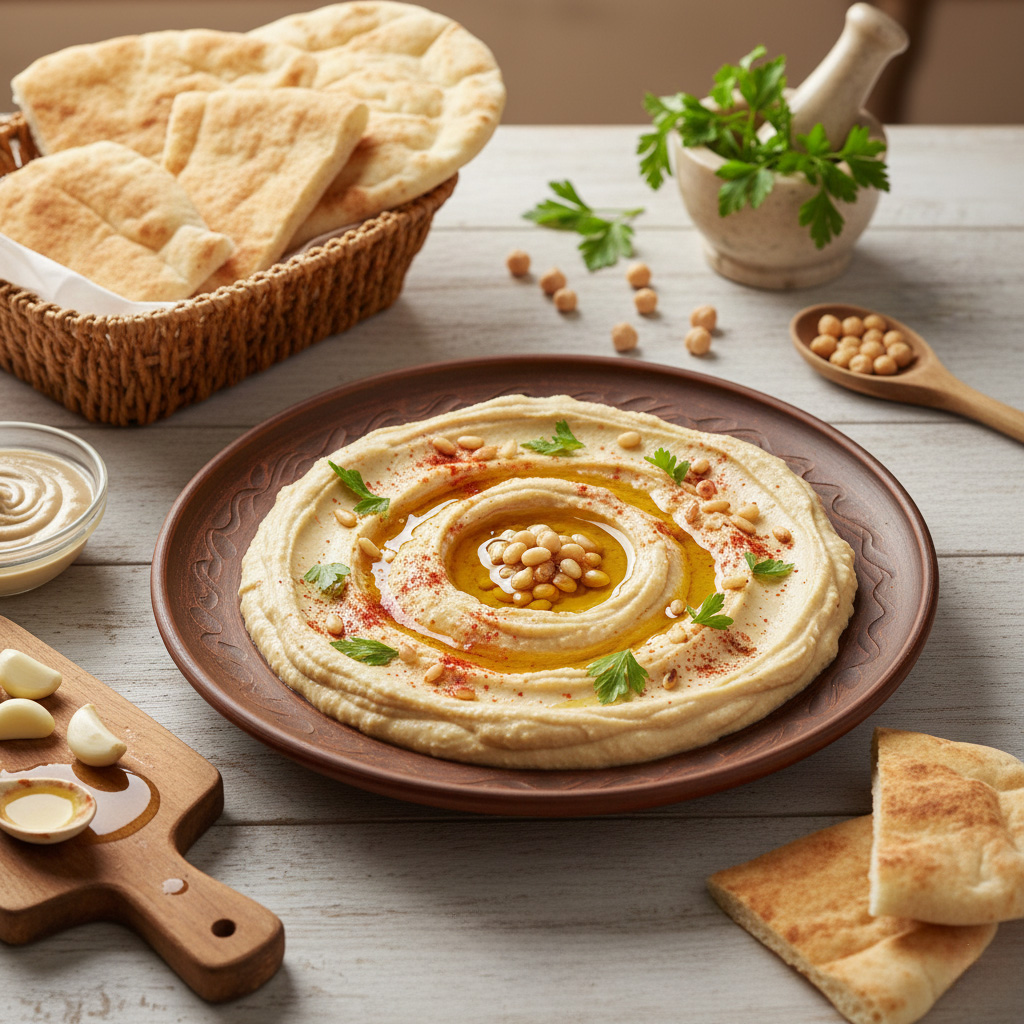 Büyük, kahverengi bir servis tabağında, üzeri zeytinyağı, kırmızı toz biber, maydanoz ve çam fıstığı ile süslenmiş taze humus. Yanında sepette ve masada sıcak pide dilimleri bulunuyor.