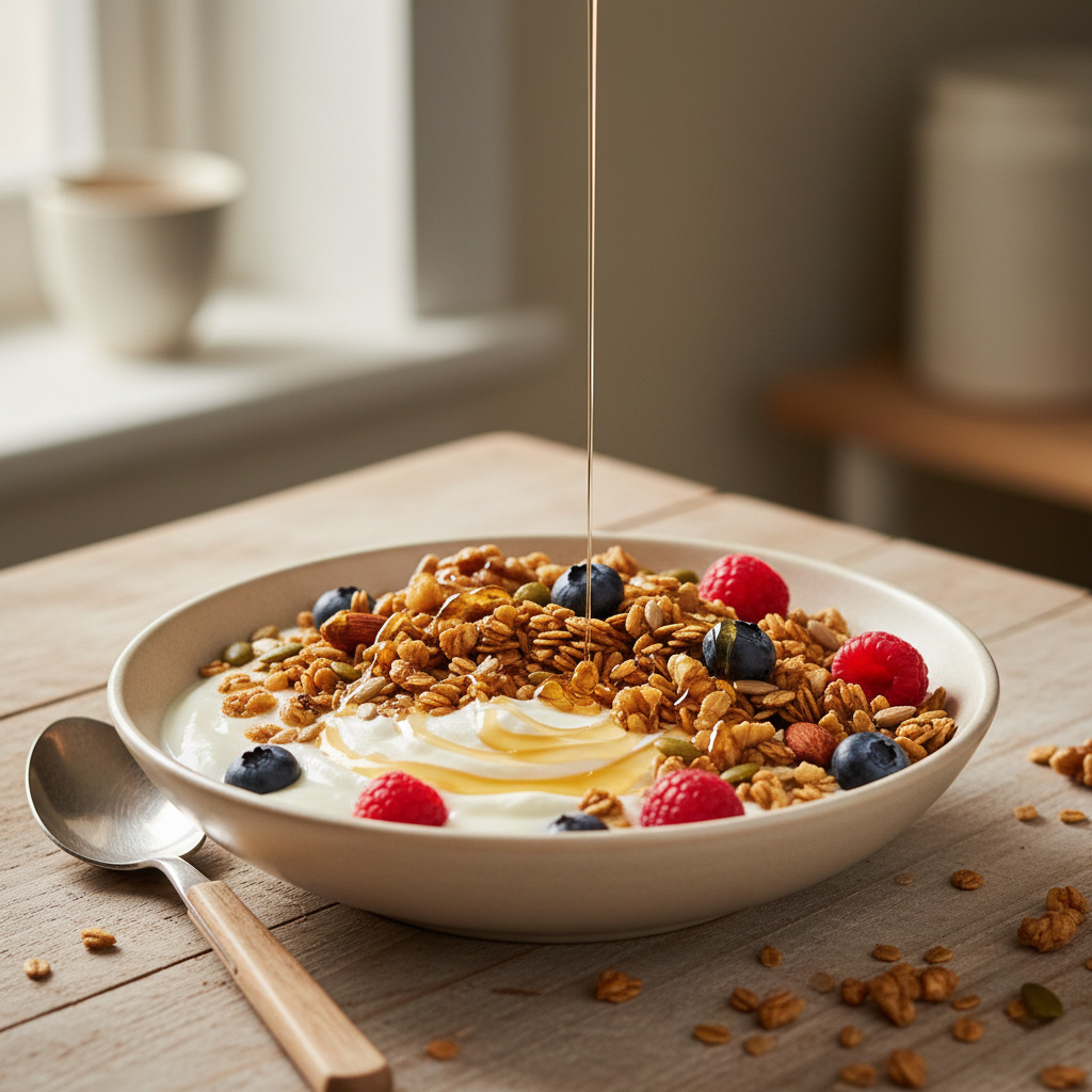 Breakfast presentation in a bowl with granola and fresh fruits served over yogurt on a wooden table.