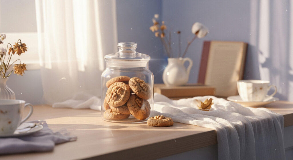 A stylish glass jar full of cookies on the kitchen counter.