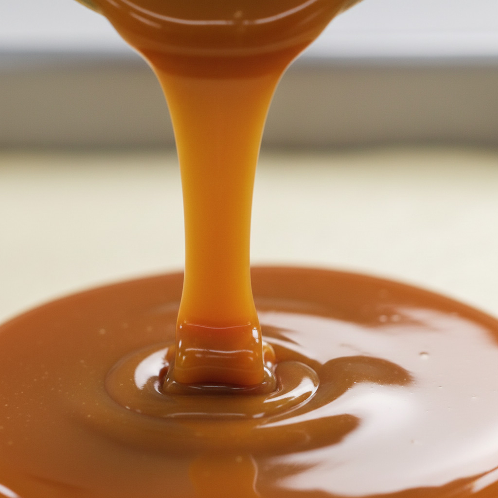 Macro close-up of smooth, crack-free glossy caramel sauce being poured for a dessert.