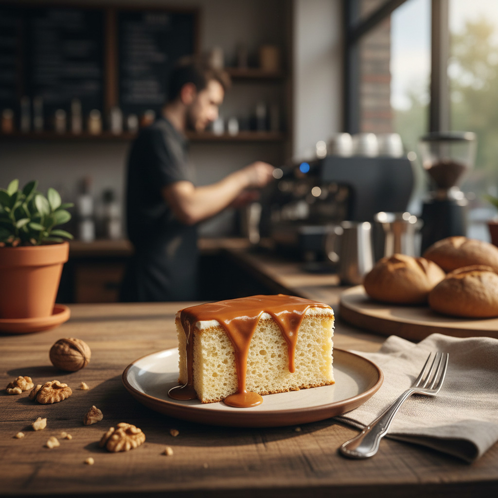 A slice of walnut-topped Tres Leches on a wooden table in a cozy cafe with a barista in the background.