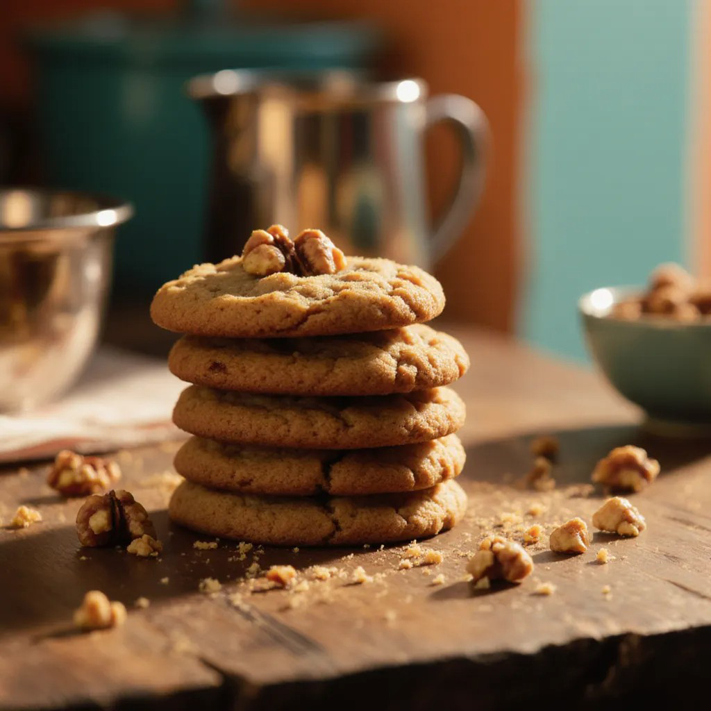 Five cookies stacked on a wooden surface with a whole walnut on top, and walnut pieces scattered around.
