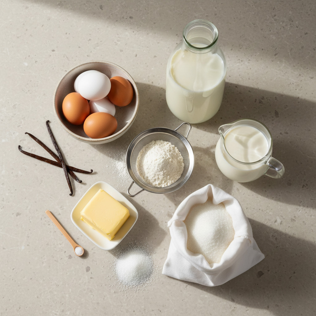 Neat flat lay of natural ingredients like milk, eggs, butter, flour, and sugar for Tres Leches cake on a stone surface.