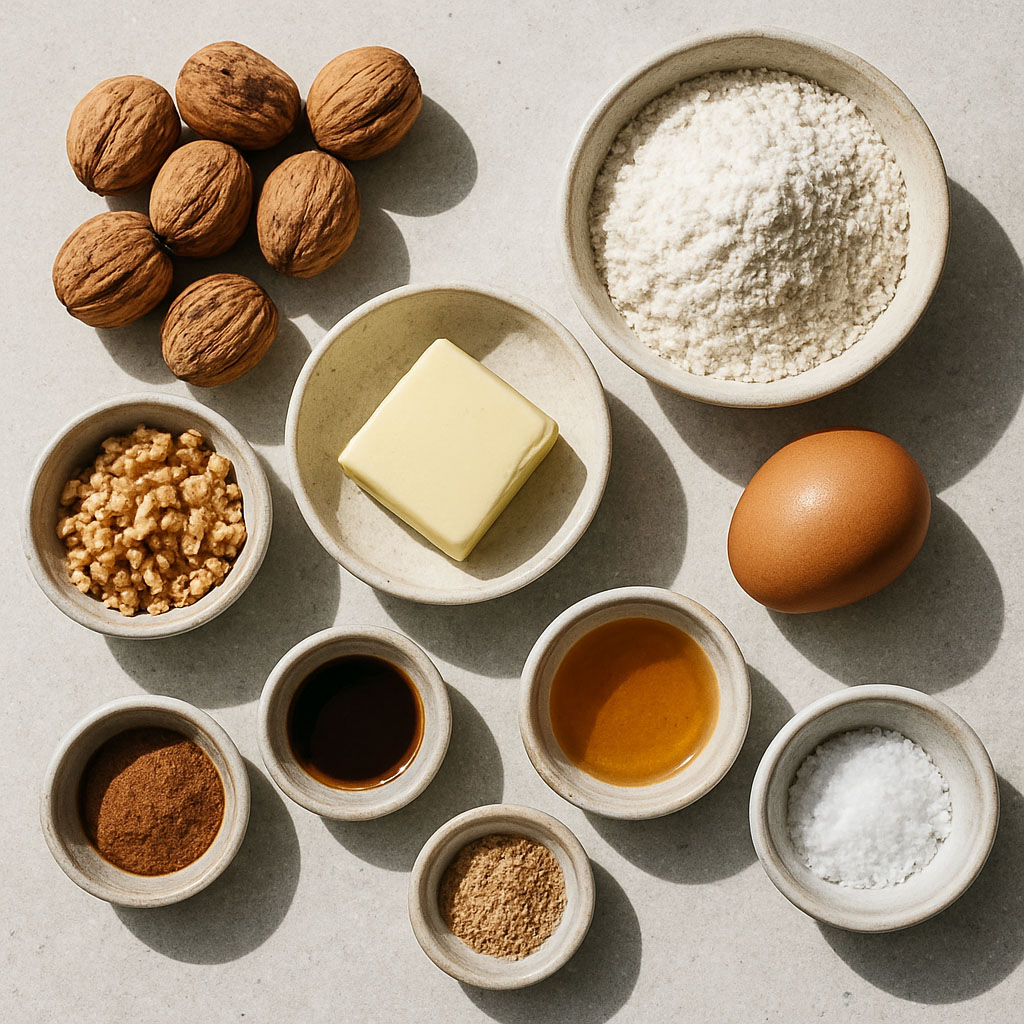 Top-down view of flour, whole walnuts, butter, egg, and spices in bowls.