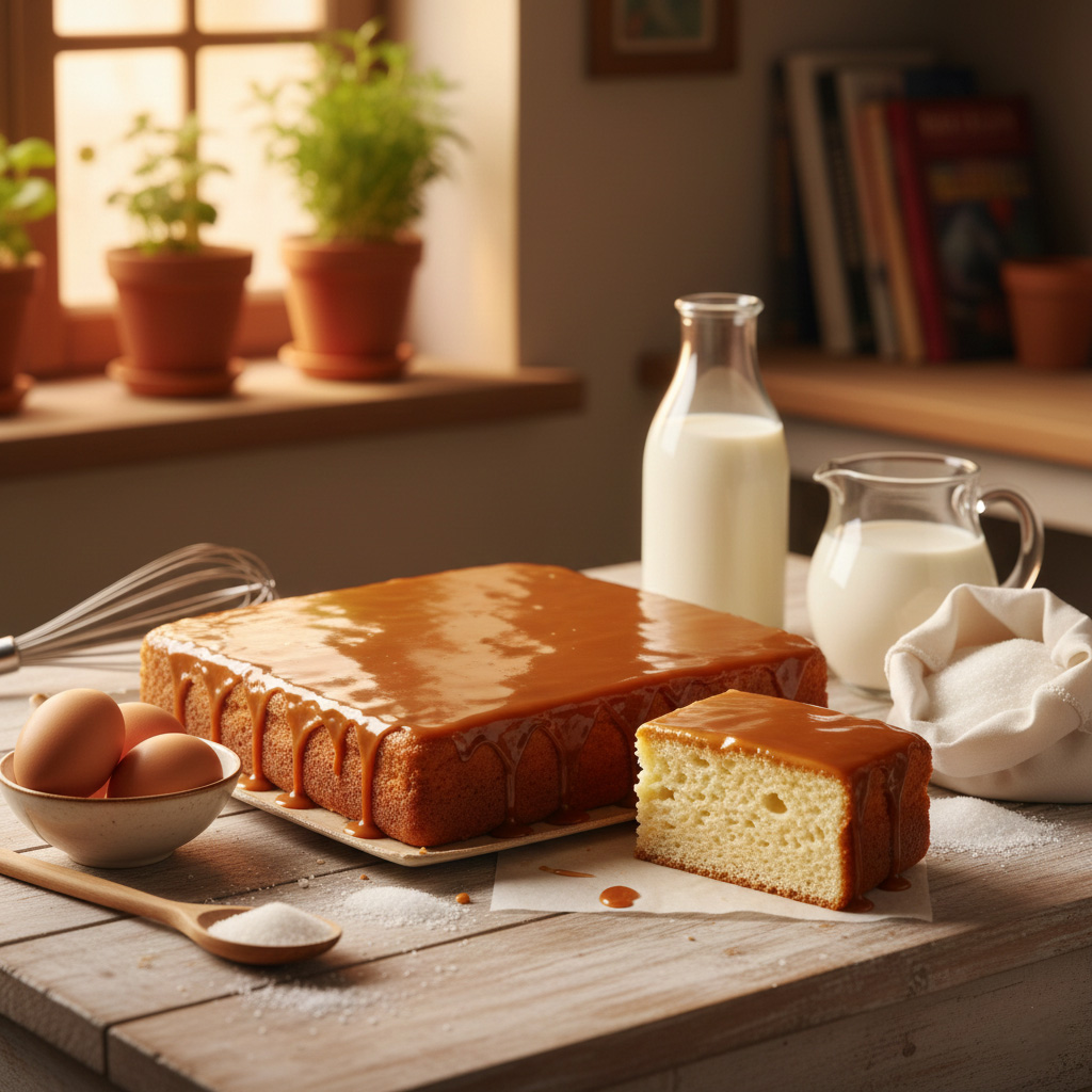 A full tray of caramel Tres Leches next to a single slice and raw ingredients in a warm kitchen setting.