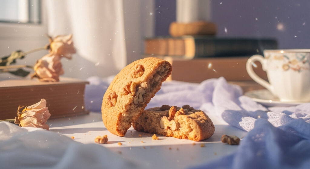 Macro shot of a broken cookie, soft and full of walnuts inside.