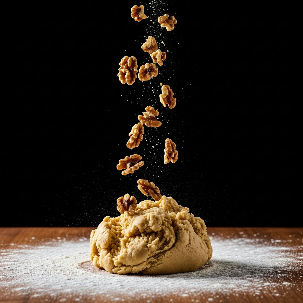 Fresh walnut pieces falling onto the dough against a black background.