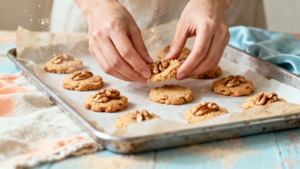 Hands placing whole walnuts on top of the dough on a baking tray.