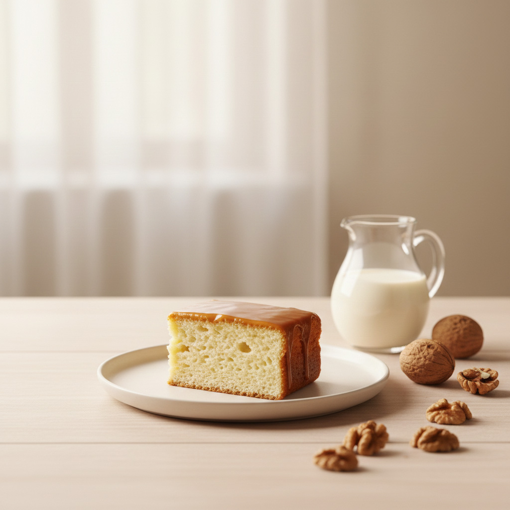 Minimalist food photography of a Tres Leches slice served with a jar of milk and whole walnuts.