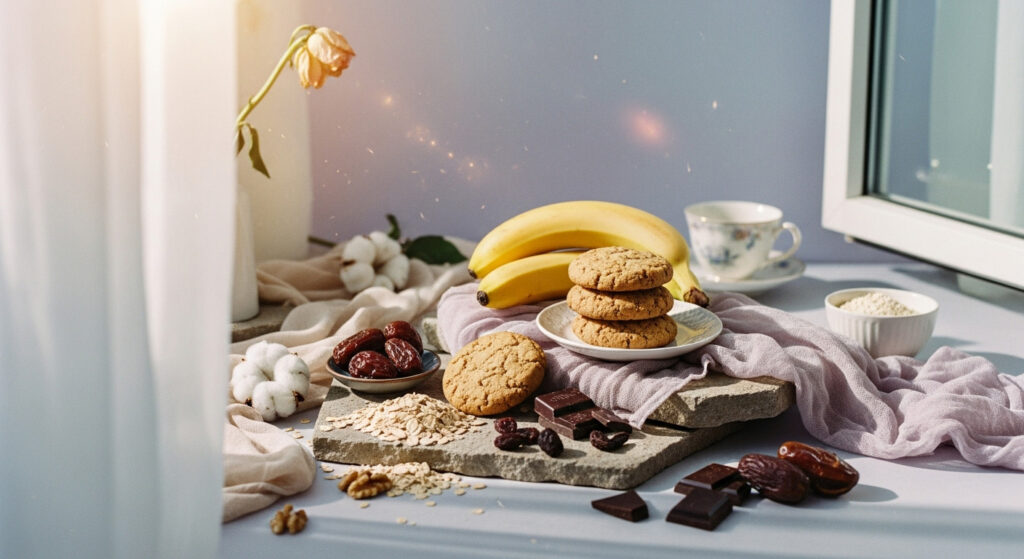 Different cookie variations prepared with banana, dates, and chocolate.