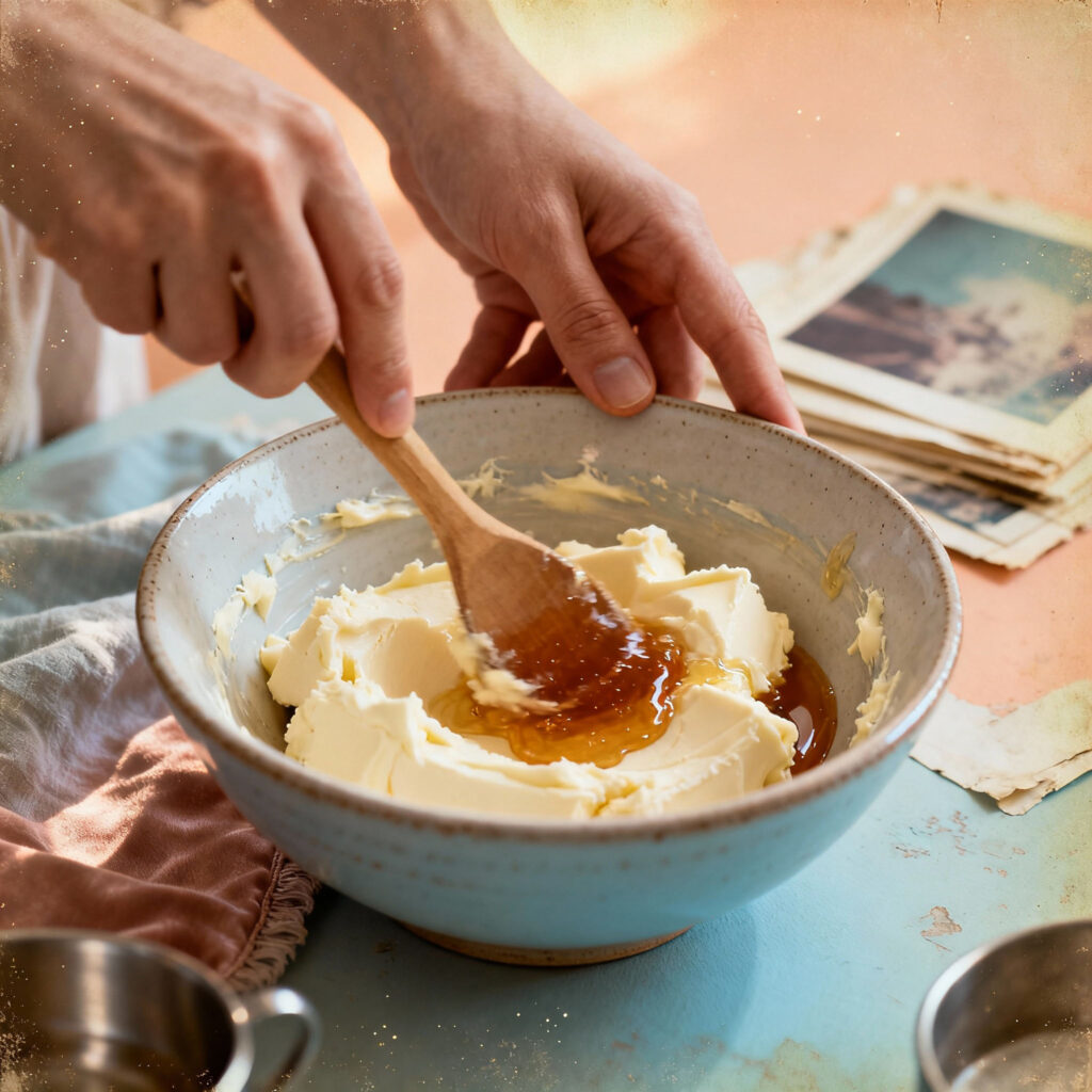 Hands mixing butter and honey with a wooden spoon in a blue bowl.
