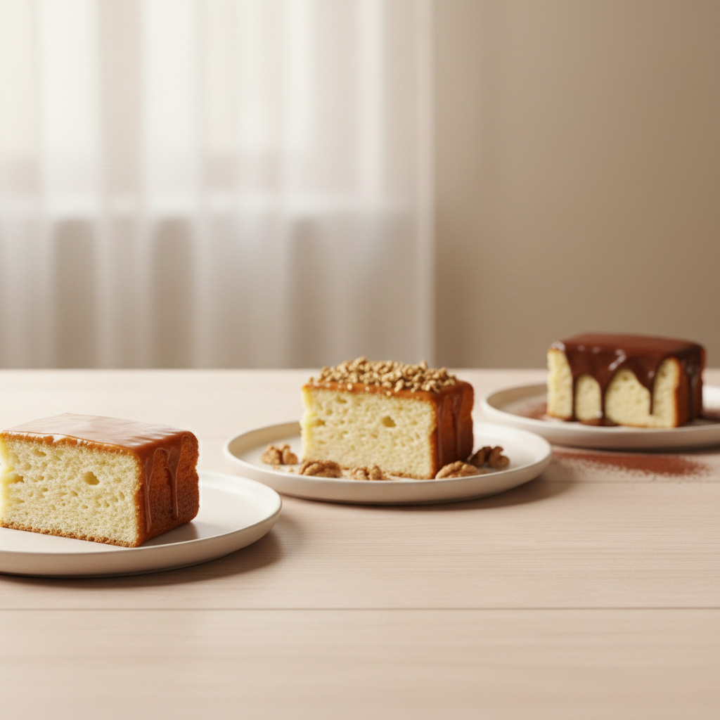 Three different slices of Tres Leches cake with walnut, chocolate, and caramel toppings on white plates.