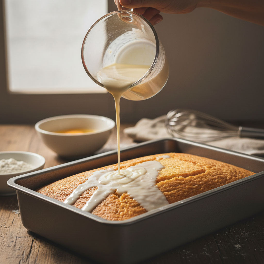 Action shot of milk sauce being poured from a glass jug over a baked sponge cake in a pan.