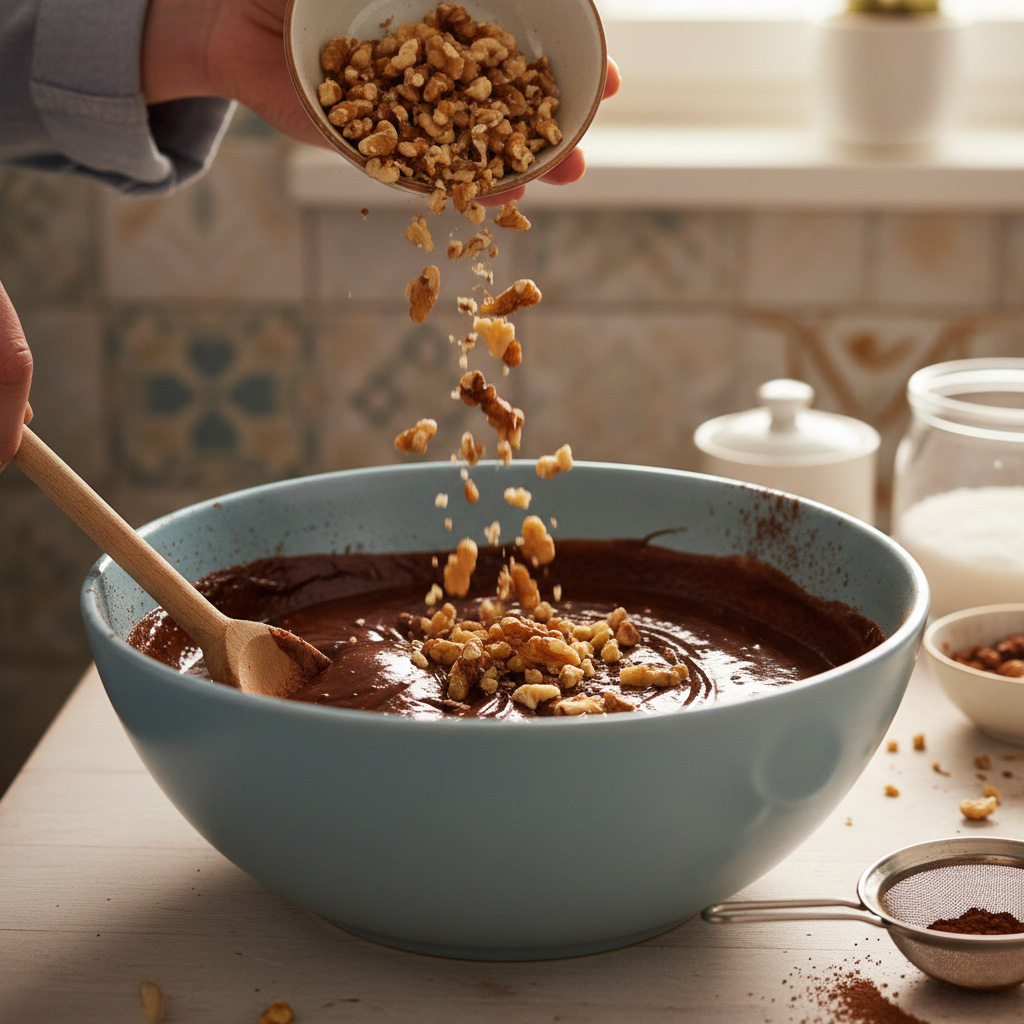 Freshly chopped walnut pieces being poured into the rich chocolate brownie batter.