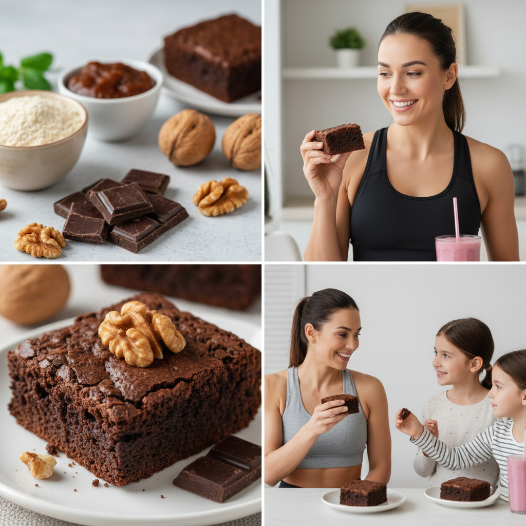 A four-paneled collage featuring a happy woman and children eating brownies, along with the ingredients.