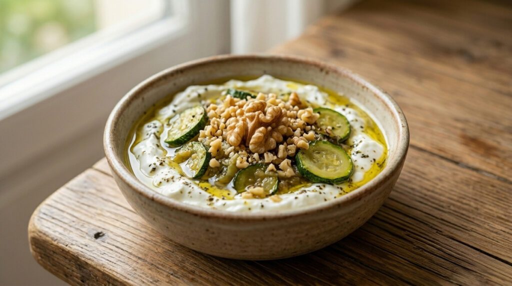 Sauteed zucchini, garlic yogurt, and crushed walnuts with a Ceviz Ev Yapımı touch.