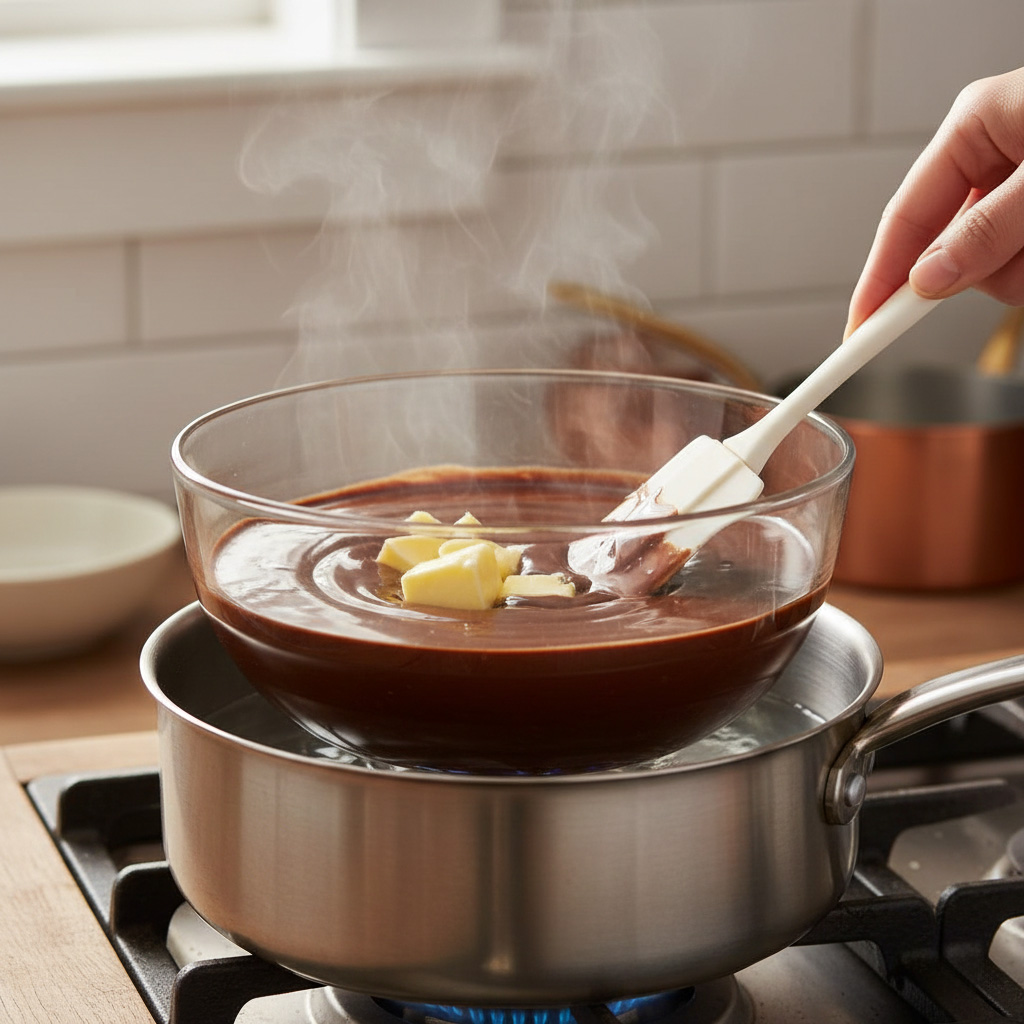 Dark chocolate and butter mixture melting in a heat-resistant glass bowl using the double boiler method.