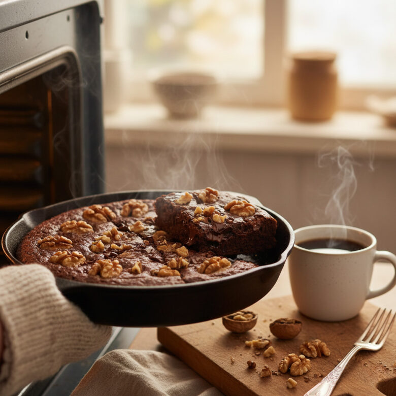 Steaming hot walnut brownie served in a skillet with a cup of coffee.