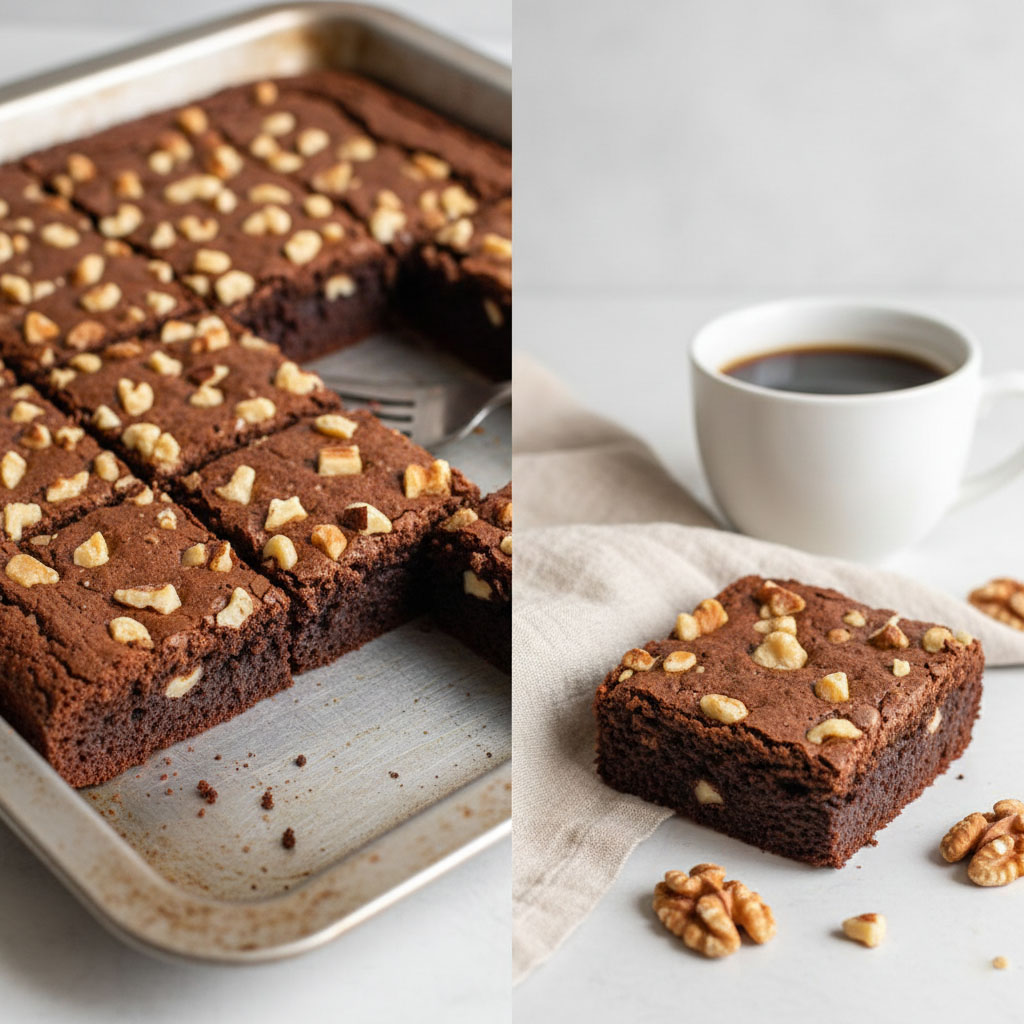 Sliced fudgy gluten-free brownies with walnuts in a baking tray by Ceviz Ev Yapımı.