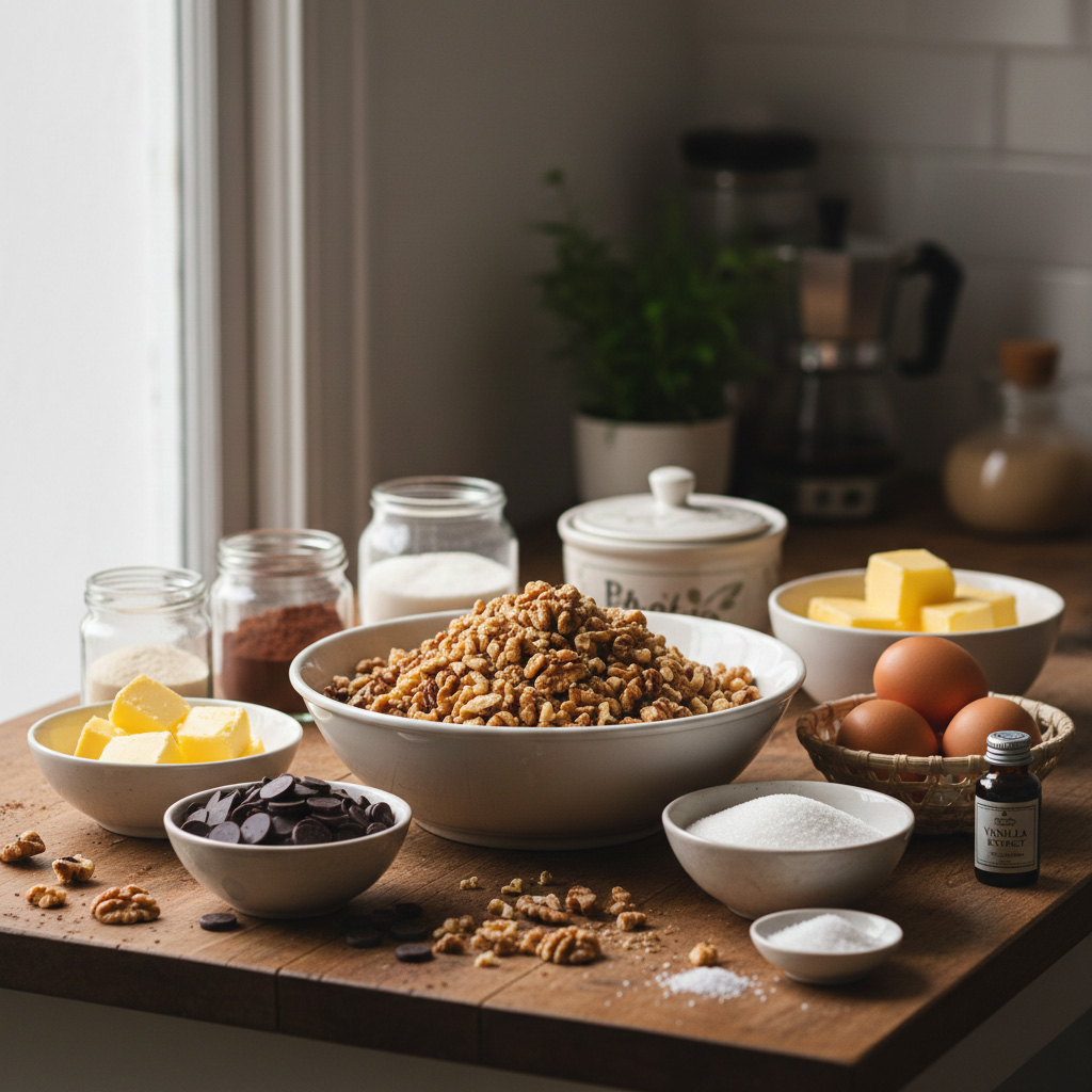 Dark chocolate, walnuts, eggs, and almond flour arranged for the Ceviz Ev Yapımı brownie recipe.